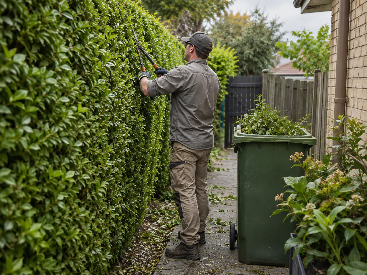 Gardener trimming a hedge beside a narrow suburban side path