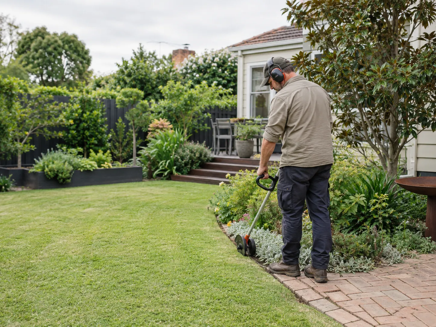 Gardener edging a well-kept suburban Melbourne garden